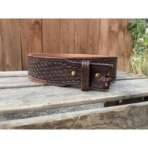 Vintage USA Handmade Brown Tooled Leather Belt 44in Length Idaho City, ID